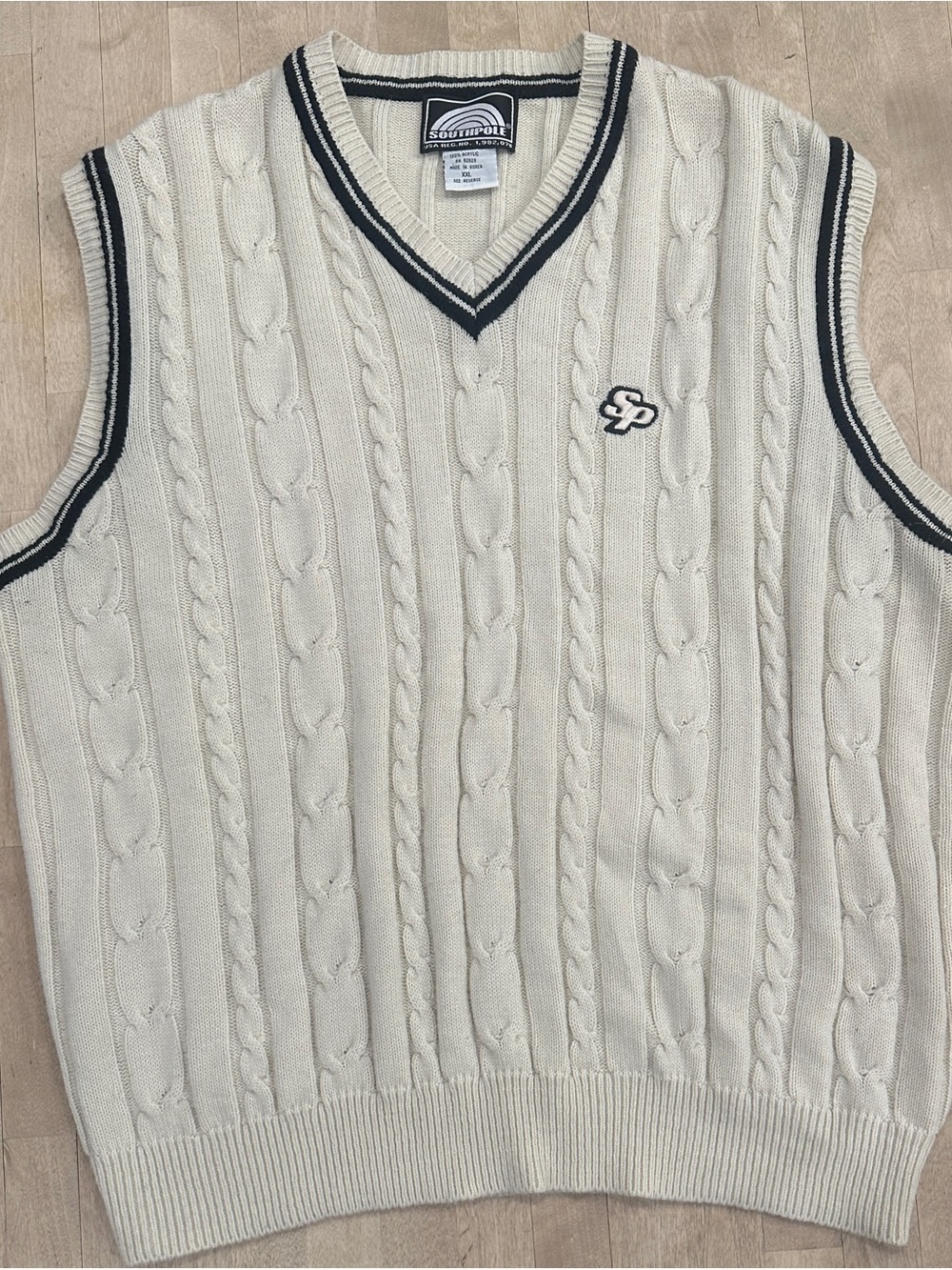South Pole Cream Cable-Knit V-Neck Sweater Vest with Navy Trim
